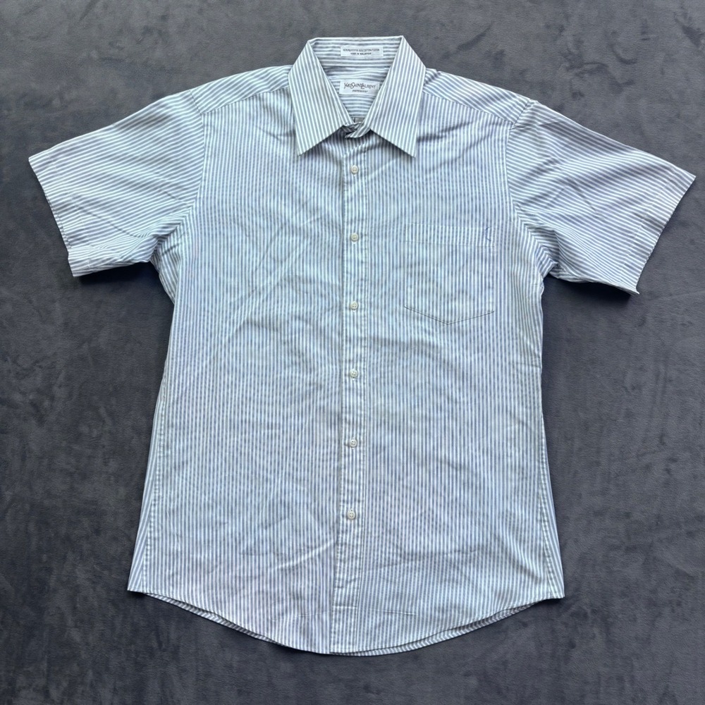 Yves Saint Laurent Mens Blue White Striped Short Sleeve Button Down Shirt 15.5